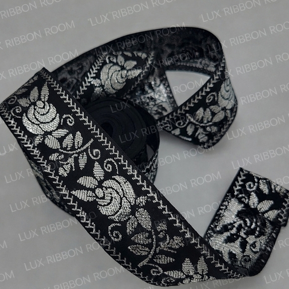 unknown Other - Vintage Japanese Black Silver Rose Jacquard Ribbon 1.25 Luxury Trim Two (2) Yard